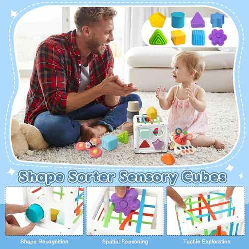 Vista 11 de Juguetes Montessori 6 en 1 para bebés de 6 a 12 meses en adelante, incluye juguete de cuerda de tirar, tazas apilables, caja de pañuelos, girador