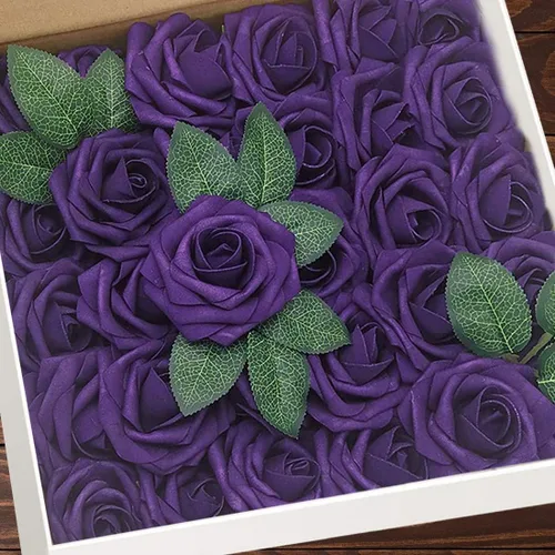 Vista 20 de Higfra Flores artificiales, 25 unidades, rosas falsas de espuma negra de aspecto real con tallos para ramos de boda, centros de mesa de despedida