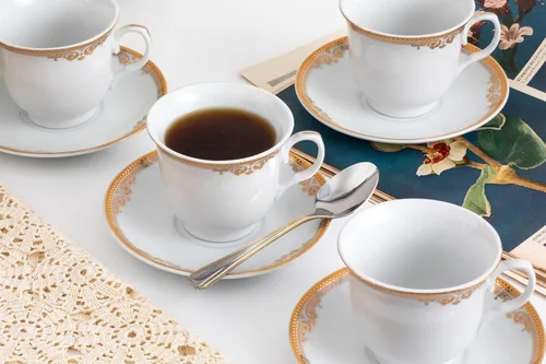 Vista 6 de Juego de té de porcelana, 12 piezas, elegante diseño floral blanco con borde dorado – Platillos de 5.5 pulgadas, tazas de 6.5 onzas – para fiestas