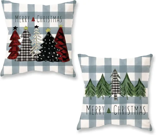 Vista 8 de ONWAY Juego de 2 fundas de almohada de Navidad de 16 x 16 pulgadas, fundas de almohada de Navidad de búfalo rojo a cuadros, color negro y verde Beige