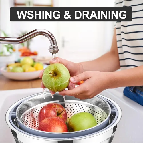 Vista 6 de E-far Colador con Juego de Tazón Mezclador, Coladores de Acero Inoxidable 4 en 1 con Ralladores para Cocina, Tazón Colador de Alimentos Giratorio