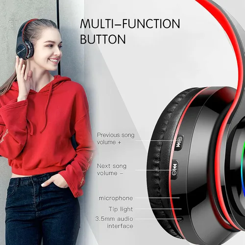Vista 4 de Auriculares Bluetooth sobre la oreja, auriculares con luces LED y micrófono incorporado, ligeros, Bluetooth 5.0, auriculares HiFi estéreo