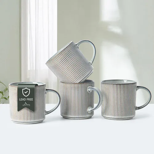 Vista 9 de MONITO - Juego de 4 tazas de café de 16 onzas, juego de tazas de café rústicas de cerámica con asa Vintage Striped Stoneware Large Coffee Mugs for