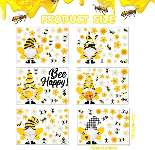 Vista 2 de Capoda 167 calcomanías de pared de gnomo de abeja, 6 hojas de calcomanías de pared de gnomo de girasol para ventanas de vidrio, calcomanías
