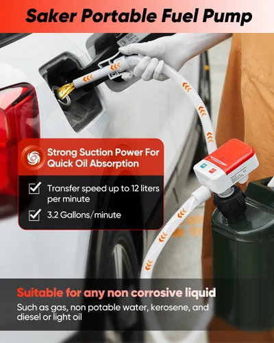 Vista 2 de Saker Bomba de transferencia de combustible alimentada por batería, bomba de combustible portátil automática con parada automática, manguera extra