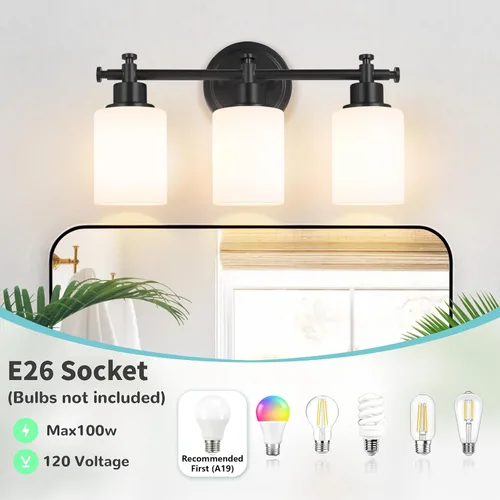 Vista 2 de Lámparas de baño negras de 3 luces, modernas luces de tocador sobre el espejo, apliques de pared de baño con pantalla de vidrio blanco, enchufe E26