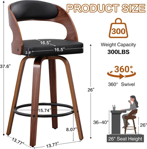 Vista 2 de VipDesk Taburetes de bar giratorios, Taburetes de bar de altura de mostrador de nogal con respaldo y brazos, Taburetes de bar tapizados modernos