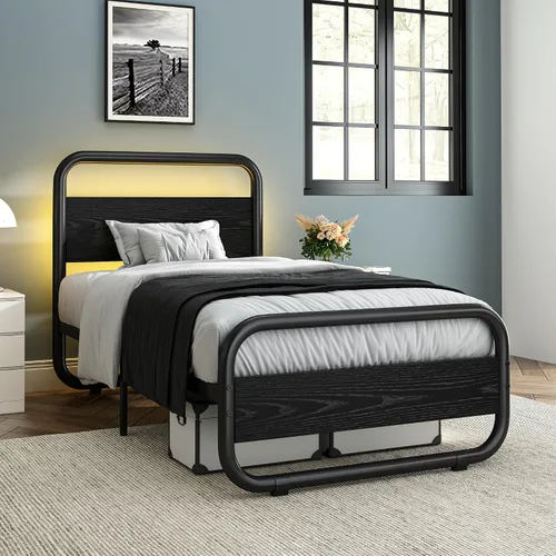 Vista 3 de Catrimown - Marco para cama individual con luces LED, marco de cama plataforma individual resistente de metal rústico con cabecera de madera