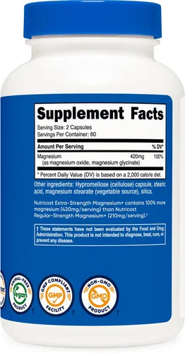 Vista 5 de Nutricost Magnesio + Extra Strength 420 mg, 120 cápsulas - 60 porciones. Óxido de magnesio y glicinato - Sin OMG, sin gluten, vegano