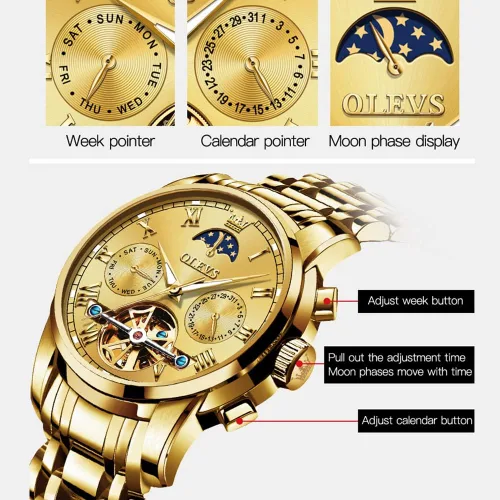 Vista 5 de OLEVS reloj mecánico automático reloj de cuerda automático de lujo para hombre a prueba de agua acero inoxidable