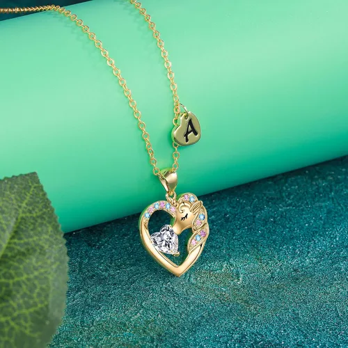 Vista 6 de IEFRICH Regalos de unicornios para niñas y niños, collar de corazón, collares de unicornio para niñas, collares con iniciales, joyería de unicornio