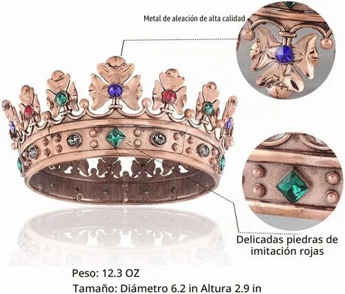 Vista 6 de Corona real barroca para hombre, corona de pelo de príncipe de metal, círculo completo, accesorios para el cabello para fiesta de cumpleaños
