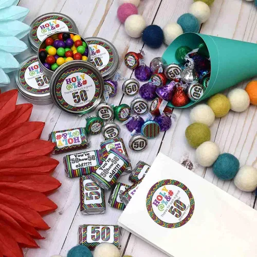 Vista 7 de HOLY - Kit de calcomanías para fiesta de cumpleaños número 50, 429 piezas. Incluye 60 calcomanías circulares de 2 pulgadas, 45 mini envoltorios