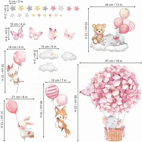 Vista 4 de decalmile Animales Aire Caliente Globo Flores Pegatinas Pared Pegatinas