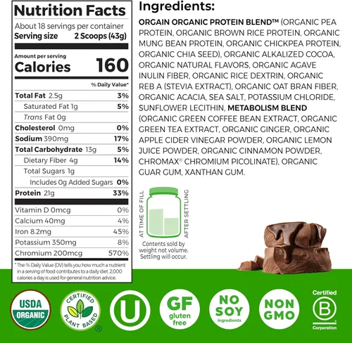 Vista 2 de Orgain - Proteína orgánica + mezcla de metabolismo en polvo, chocolate con sabor a malta - 21 g de proteína vegetal, 5 g de fibra prebiótica, sin