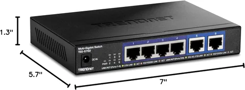 Vista 19 de TRENDnet Switch 10G de 6 puertos, 4 puertos 2.5G RJ-45 Base-T, 2 puertos RJ-45 10G, capacidad de conmutación de 60Gbps, montable en pared