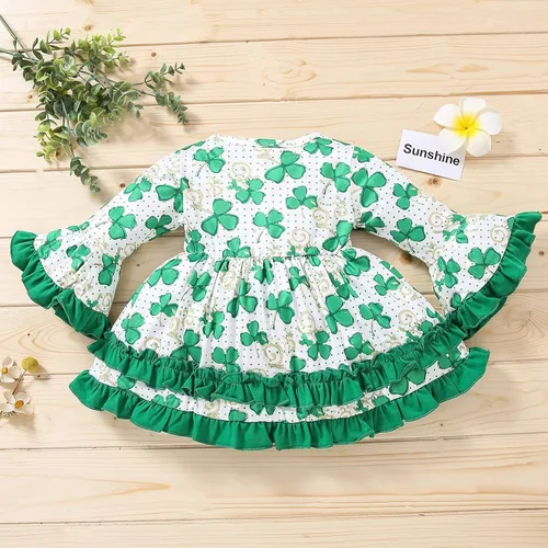 Vista 3 de TBUIALL Vestido para niña pequeña, vestido de manga acampanada con volantes para el día de San Patricio, estampado floral, lindo, suave, para niñas