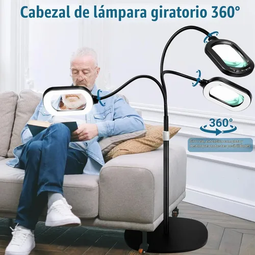 Vista 3 de Lupa grande con luz y soporte, lente de vidrio real óptico rectangular de 10X, lámpara de pie de lupa de cuello de cisne ajustable en altura, 5 Negro