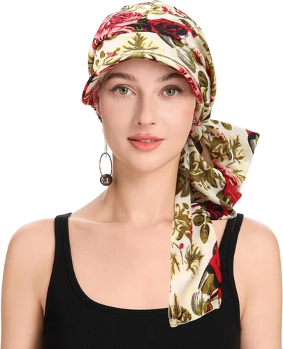 Vista 37 de ZLYC Gorro de quimioterapia para mujer, visera para la cabeza, bufanda preatada, gorra ligera de calavera Blanco sólido
