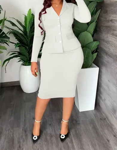 Vista 3 de Conjunto de 2 piezas para mujer, de manga larga, cuello de solapa, con botones, chaqueta tipo blazer bodycon con funda de lápiz