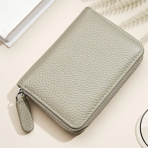 Vista 7 de Cartera de cuero genuino con bloqueo RFID, billetera con cremallera de lujo para mujeres con monedero, Color café, Classic