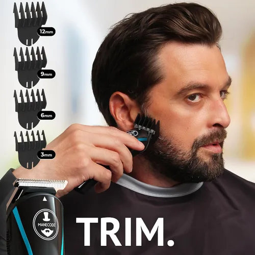 Vista 5 de MANECODE® Cortadora de barba y cabello para hombres – Self-Sharp Blades® USB-C, impermeable, pantalla LED, kit de aseo múltiple