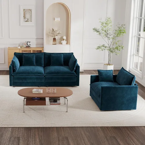 Vista 24 de mikibama Juego de sofá biplaza y sillón de lujo de 2 piezas, moderno juego de sofás nube tapizados de chenilla con 5 almohadas para sala de estar