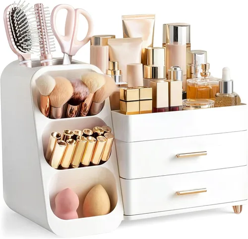 Vista 14 de HBlife Organizador de maquillaje con soporte para brochas para tocador, organizador grande de plástico para tocador de baño, almacenamiento