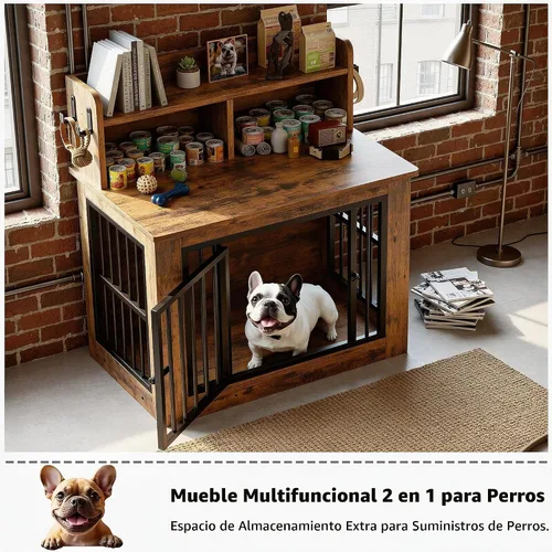 Vista 4 de IRONCK Mueble de jaula para perros, jaula de madera para perros pequeños de 33.4 pulgadas con almacenamiento y 4 ganchos, jaula resistente