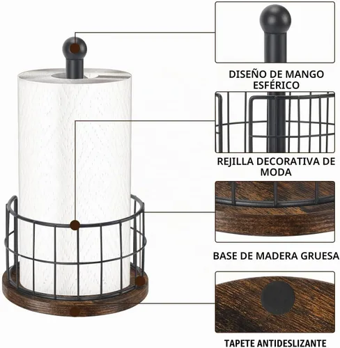 Vista 2 de YINMIT Portarrollos de Papel de Cocina de Madera para Encimera, Portarrollos de Papel Estilo Granja con Base Resistente, Portarrollos de Papel