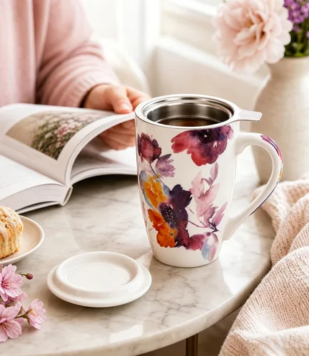Vista 6 de AmorArc Taza de té de porcelana de 18 onzas con infusor y tapa, taza de té de hojas sueltas con colador de acero inoxidable, taza de café grande