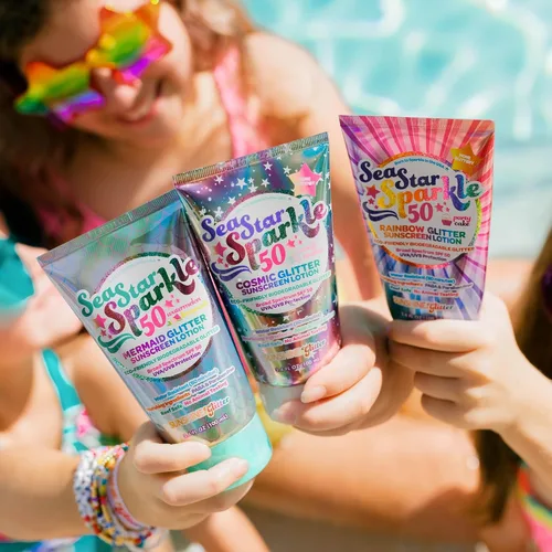 Vista 8 de Sea Star Sparkle Pastel de fiesta Protector solar con purpurina biodegradable SPF 50 para niños Arco iris Amplio espectro UVA/UVB