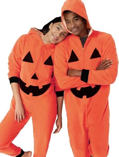 Vista 4 de CYCLAMEN Disfraz de Halloween para adultos, parejas, esqueleto de calabaza, enterizo con capucha, para mujeres, hombres, familia