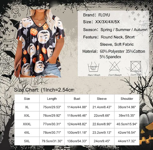 Vista 6 de FLOYU Camiseta de manga corta con cuello en V para mujer, talla grande, cuello en V, estampado de cara de calabaza, camiseta de fantasma