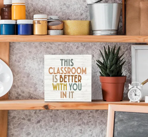 Vista 3 de SRADMO Decoración bohemia para aula, con texto en inglés «This Classroom is Better with You in It» Affirmation, caja de madera con texto en inglés