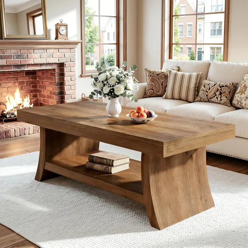 Vista 5 de Mesa de centro de granja con estante de almacenamiento, mesas de centro modernas de madera maciza de mediados de siglo con base curvada, mesa