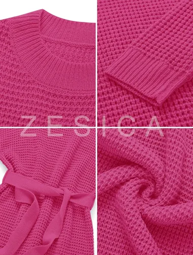 Vista 4 de ZESICA Women's 2023 Fall Long Sleeve Solid Color Waffle Knitted Tie Wasit Tunic Pullover Sweater Dress