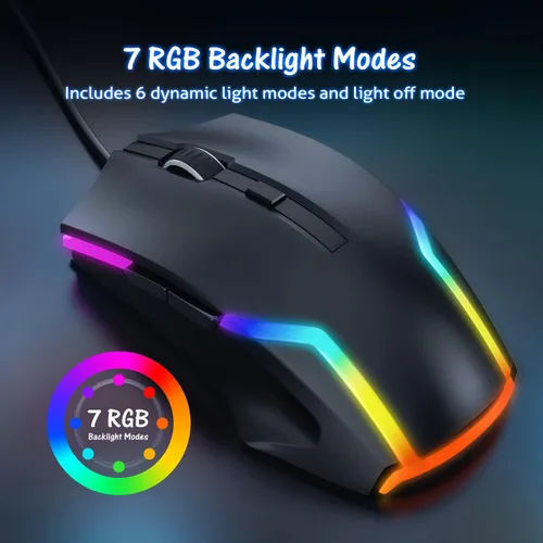 Vista 4 de WEEMSBOX Mouse para juegos con cable ratones de computadora con 7 modos retroiluminados RGB mouse de computadora gamer 8000 DPI ajustables - 6