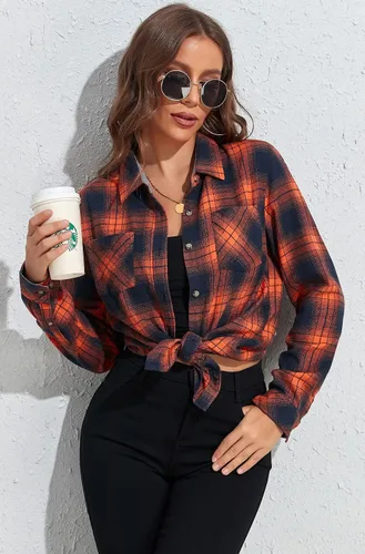 Vista 4 de KevaMolly Camisas de franela de manga larga a cuadros para mujer ajuste holgado camisa con botones blusa casual de franela