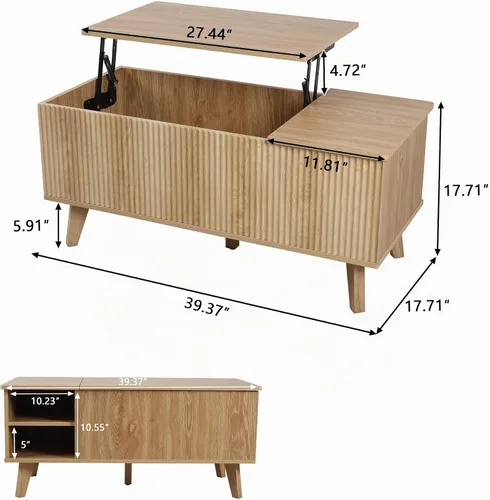 Vista 3 de Mesa auxiliar bohemia con tapa elevable con almacenamiento para sala de estar, dormitorio, mesa auxiliar rectangular baja acanalada con cajones