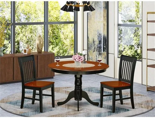 Vista 2 de East West Furniture HLNO3-BCH-W Juego de mesa y sillas de cocina de 3 piezas contiene una mesa de comedor redonda con pedestal y 2 sillas
