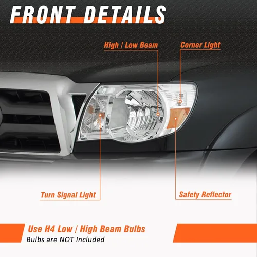 Vista 4 de Para Toyota Tacoma 2005-2011 Conjunto de faros delanteros Tacoma Pickup Truck carcasa cromada reflector ámbar reemplazo lado conductor y pasajero