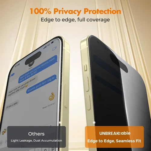 Vista 4 de UNBREAKcable Protector de pantalla de privacidad para iPhone 15, cobertura completa, vidrio templado inastillable [borde a borde]