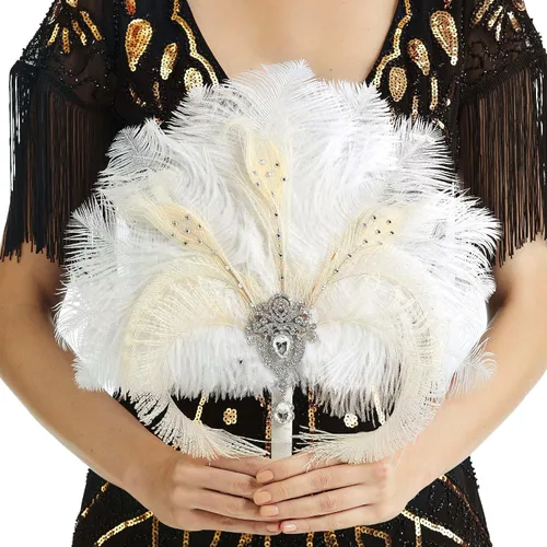 Vista 13 de BABEYOND Bouquet de novia vintage con plumas de avestruz de los años 1920, abanico de plumas de avestruz con cristal, ramo de novia de los años 20