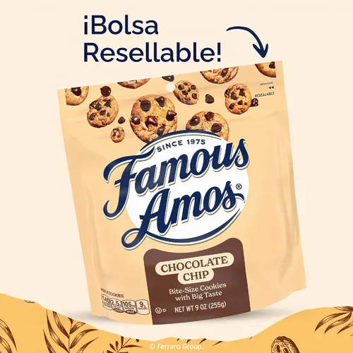 Vista 9 de Galletas Famous Amos clásicas con chispas de chocolate, galletas de tamaño bocado, ideales para compartir, bolsa resellable, dulces golosinas, caja