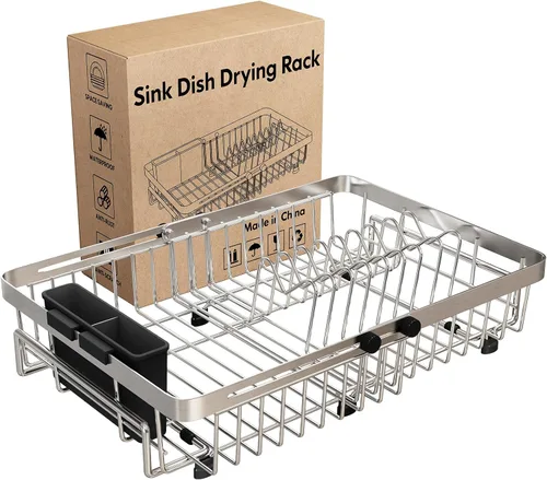 Vista 8 de Estante de secado de platos expandible sobre el fregadero en acero inoxidable para cocina pequeña, escurridor de platos moderno y compacto de metal