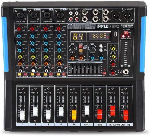 Vista 2 de Pyle - Mezclador de audio de estudio Bluetooth de 4 canales - Interfaz controladora de sonido DJ con unidad USB para entrada de grabación de PC
