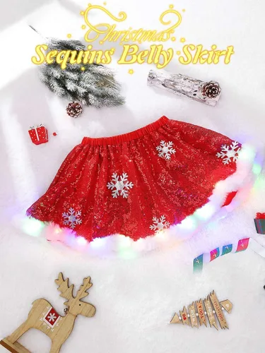 Vista 7 de REETAN Falda de lentejuelas de Navidad iluminada con copo de nieve, falda de vientre de Navidad brillante para mujeres y niñas, color rojo, Rojo