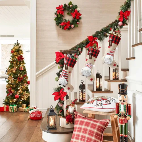 Vista 3 de Cysincos Calcetines de Navidad personalizados, paquete de 4 bolsas grandes para niños, calcetines colgantes para decoración de Navidad