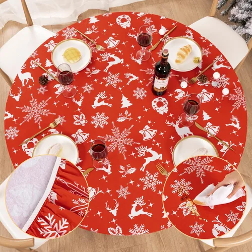 Vista 23 de UMINEUX - Mantel redondo de vinilo ajustable con bordes elásticos y reverso de franela, funda de mesa redonda impermeable, fácil de limpiar